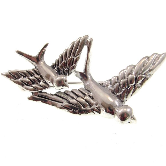 Solid 925 Sterling Silver Diving Birds Pin / Swallows Brooch, Rockabilly Jewelry - Picture 4 of 8